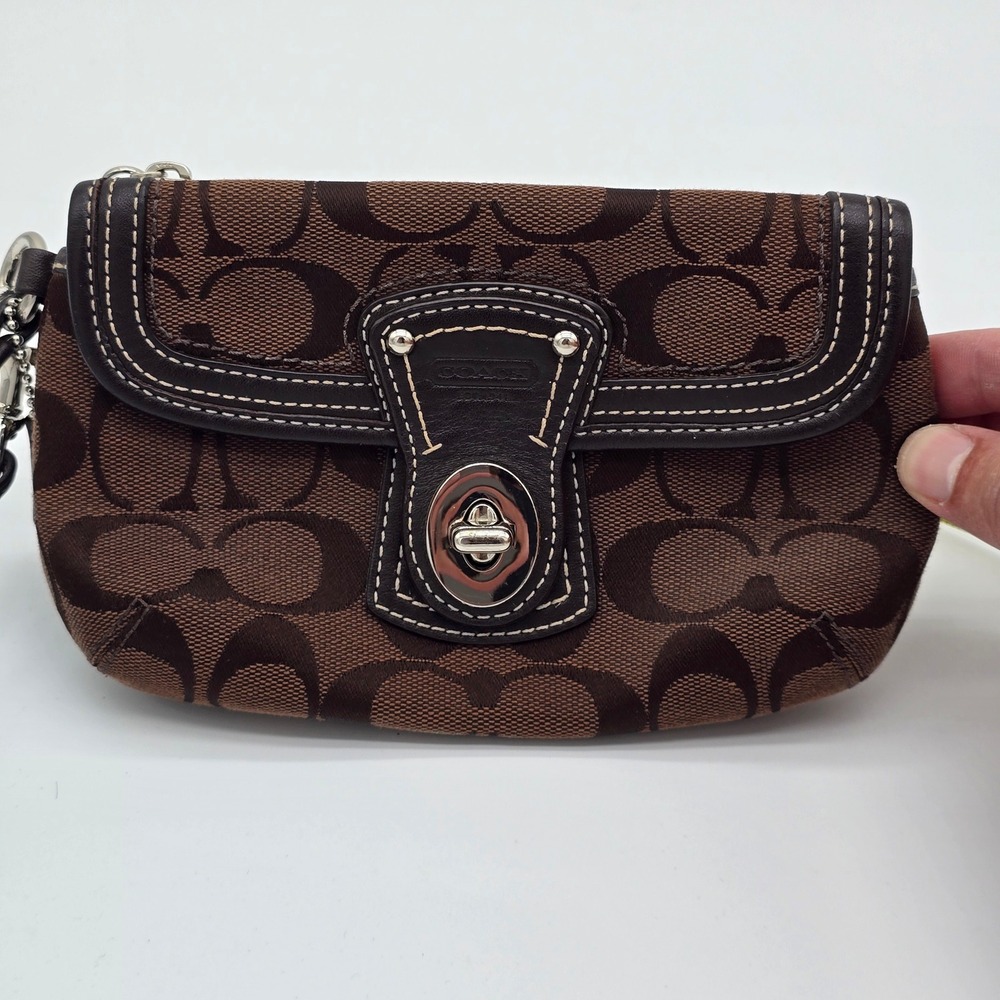 Coach Signature Monogram Canvas Wristlet Brown Leather Turnlock Flap Small Bag